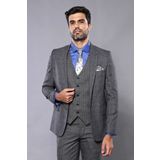 Wessi - Ekose Slim Fit Siyah-Gri Yelekli Spor Takım Elbise