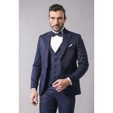 Wessi Erkek Çıkma Yaka Garnili Yelekli Slim Fit Damatlık - 52 - 6 Drop - Koyu Mavi