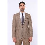 Wessi Erkek Çizgili Ceket Pantolon Düz Slim Fit Takım Elbise - 48 - 6 Drop - Taba