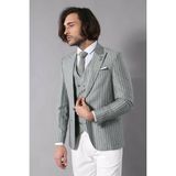 Wessi Erkek Çizgili Ceketli Yelekli Slim Fit Takım Elbise - 52 - 6 Drop - Yeşil
