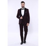 Wessi Erkek Desenli Velvet Çıkma Yaka Slim Fit Takım Elbise - 54 - 6 Drop - Bordo
