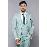 Wessi Erkek Ekose Ceket Yelekli Slim Fit Takım Elbise - 52 - 6 Drop - Yeşil
