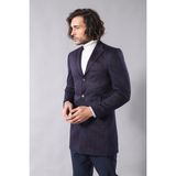 Wessi Erkek Ekose Desenli Kaşe Kumaş Slim Fit Kısa Palto - Koyu Mavi - 52