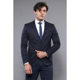Wessi Erkek Ekose Desenli Sivri Yaka Slim Fit Ceket - Lacivert - 48