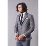 Wessi Erkek Keten Desenli Sivri Yaka Slim Fit Ceket - Füme - 48