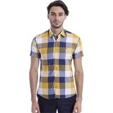 Wessi Erkek Sarı Slim Fit Ekose Desenli Pamuk Gömlek - Lacivert