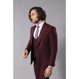 Wessi Erkek Slim Fit Kendinden Desenli Yelekli Takım Elbise - 44 - 6 Drop - Bordo