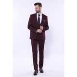 Wessi Erkek Slim Fit Kendinden Desenli Yelekli Takım Elbise - 46 - 6 Drop - Bordo
