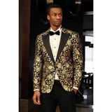Wessi Gold Gül Desenli Slim Fit Siyah Erkek Smokin Ceket - 54