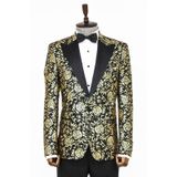 Wessi Gold Gül Desenli Slim Fit Siyah Erkek Smokin Ceket
