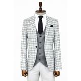Wessi Gri Yelekli Slim Fit Ekose Açık Gri Erkek Takım Elbise