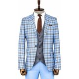 Wessi Gri Yelekli Slim Fit Ekose Açık Mavi Erkek Takım Elbise - Wessi - 58 - Koyu Mavi