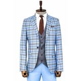 Wessi Gri Yelekli Slim Fit Ekose Açık Mavi Erkek Takım Elbise