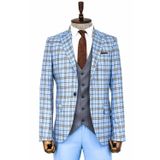 Wessi Gri Yelekli Slim Fit Ekose Açık Mavi Erkek Takım Elbise