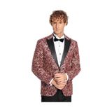 Wessi Işıltılı Sarmaşık Desenli Slim Fit Bordo Erkek Smokin Ceket