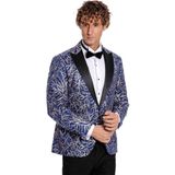 Wessi Işıltılı Sarmaşık Desenli Slim Fit Mavi Erkek Smokin Ceket - 60 - Koyu Mavi