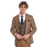 Wessi Kahverengi Yelekli Slim Fit Ekose Taba Erkek Takım Elbise
