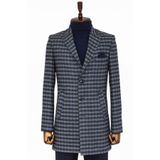 Wessi Kaşe Kareli Geniş Yaka Slim Fit Lacivert Erkek Palto