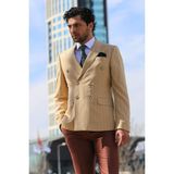 Wessi Kruvaze Slim Fit Çizgili Krem Erkek Ceket - Taba - 58