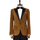 Wessi Leopar Desenli Slim Fit Dik Yaka Sarı Erkek Balo Ceket - Wessi - 48