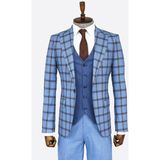 Wessi Mavi Ekose Ceketli Desenli Slim Fit Takım Elbise - 54 - Koyu Mavi