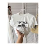 WESTİMO Kadın Beyaz Vintage Baskılı Bisiklet Yaka Dar Crop Tshirt