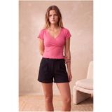 WESTMARK LONDON Kadın Fuşya Pembe Fitilli Kaşkorse Pamuklu Regular Fit Kruvaze Yaka Kısa Kol Baby Overlock Dikiş Detaylı Crop Bluz HADLEY