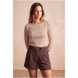 WESTMARK LONDON Kadın Kiremit / Ekru Çizgili Pamuklu Slim Fit Kayık Yaka 3/4 Kol Bluz WHITNEY