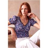 WESTMARK LONDON Kadın Mor Çiçek Desenli Bürümcük V Yaka Balon Kollu Önü Büzgülü Crop Bluz OFELIA