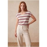 WESTMARK LONDON Kadın Regular Fit Bisiklet Yaka Kısa Kol Ekru / Gül Kurusu Çizgili Viskon / Elastan T-Shirt WILDA