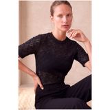WESTMARK LONDON Kadın Siyah Dantel Pamuklu Regular Fit Bisiklet Yaka Kısa Kollu Bluz YASMIN