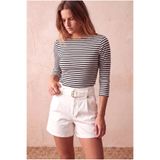 WESTMARK LONDON Kadın Siyah / Ekru Çizgili Pamuklu Slim Fit Kayık Yaka 3/4 Kol Bluz WHITNEY