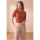 WESTMARK LONDON Kadın Tarçın Viskon / Polyester Karışımlı Regular Fit Bisiklet Yaka Kısa Balon Kollu T-Shirt HOLLIS