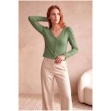 WESTMARK LONDON Kadın Yeşil Fitilli Kaşkorse Regular Fit V Yaka Uzun Kollu Düğmeli Crop Bluz KYARA