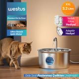 Westus inPets Y10 | 3.2 Litre | Işıklı,Su Seviyesi Göstergeli | 304 Paslanmaz Çelik | Kedi Köpek İçin Su Pınarı | Su Çeşmesi | Su Sebili | Ultra Sessiz | Yedek Filtre ve Adaptör Hediye