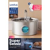 Westus Kedi Köpek İçin Paslanmaz Çelik 3.2 Litre | Işıklı,Su Seviyesi Göstergeli | Kedi Köpek İçin Su Pınarı | Su Çeşmesi | Su Sebili | Ultra Sessiz | Yedek Filtre + Adaptör Hediye