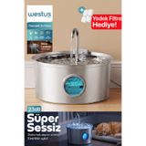 Westus Kedi Köpek İçin Paslanmaz Çelik 3.2 Litre | Işıklı,Su Seviyesi Göstergeli | Kedi Köpek İçin Su Pınarı | Su Çeşmesi | Su Sebili | Ultra Sessiz | Yedek Filtre Hediye