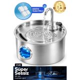 Westus Kedi Köpek İçin Paslanmaz Çelik 3.2 Litre | Işıklı,Su Seviyesi Göstergeli | Kedi Köpek İçin Su Pınarı | Su Çeşmesi | Su Sebili | Ultra Sessiz | Yedek Filtre Hediye