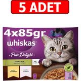 Whiskas Pure Delight Tavuklu Somonlu Kedi Yaş Mama (4X85gr) 5Adet Dilimli Seçim Kedi Konserve Jöleli