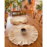 White Alamode Natural Ham Keten Fırfırlı Yuvarlak Amerikan Servisi 12'li Set 40X40CM - 40 cm - Krem