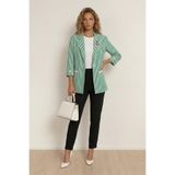 WHİTE DİAMOND Kadın Yeşil Kol ve Broş Detaylı Çizgili 3/4 Kol Blazer Ceket Pantolon Takım