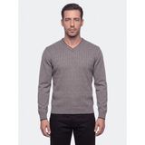 White Stone Açık Gri V Yaka Örgü Desenli Erkek Triko Kazak - XL