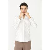 White Stone Bej Çizgili Uzun Kollu Gömlek Slim Fit - 2XL - Beyaz - Kahve