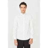 White Stone Bej İnce Çizgili Uzun Kollu Gömlek Slim Fit - Beyaz - Kahve
