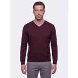 White Stone Bordo V Yaka Örgü Desenli Erkek Triko Kazak - XL