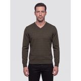 White Stone Haki V Yaka Örgü Desenli Erkek Triko Kazak - 2XL