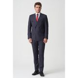 White Stone Lacivert Beyaz İnce Çizgili Slim Fit Kalıp Kruvaze Premium Takım Elbise - 48