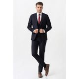 White Stone Lacivert Slim Fit Kalıp Yelekli Klasik Esnek Likralı Kapaklı Cepli Takım Elbise - 44