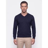 White Stone Lacivert V Yaka Örgü Desenli Erkek Triko Kazak - M