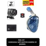 whitetech Özel Set Kumandalı Wifili Aksiyon Kamere ve Şnorkel Tam Yüz Maskesi 2 Ürün Birlikte Mavi